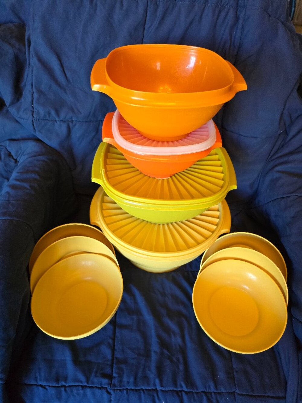 Vintage Tupperware Servalier 13 piece set in the Harvest Gold, Orange and Green
